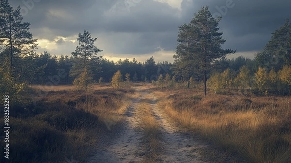 Fototapeta Forest path under a cloudy sky