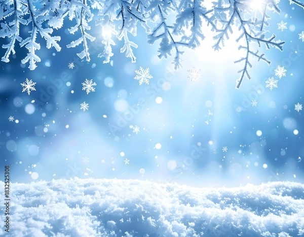 Obraz Enchanting winter background with sparkling frost on snow-covered branches, gently falling snowflakes, and a serene blue light, perfect for peaceful seasonal themes