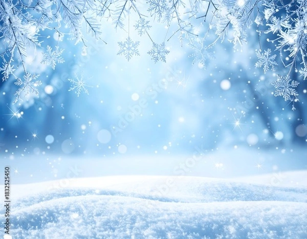 Obraz Beautiful snowy Christmas background with sparkling snowflakes and a soft blue glow in a magical winter landscape