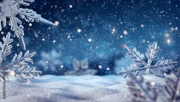 Obraz Winter Snowscape Blue Background with Snowflakes and Bokeh Lights