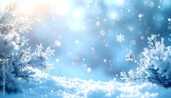 Obraz Winter Wonderland Snowy Branches and Sparkling Snowflakes in a Blue and White Scene