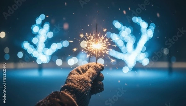 Fototapeta A hand holds a sparkling firework while celebrating joyful moments filled with excitement and festive light