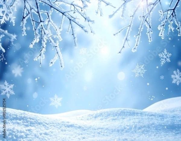 Obraz Enchanting winter wonderland background featuring glistening snow-covered branches, sparkling snowflakes, and a serene landscape under a soft, bright sky