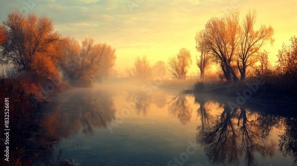 Fototapeta A serene and peaceful scene of a river with trees in the background