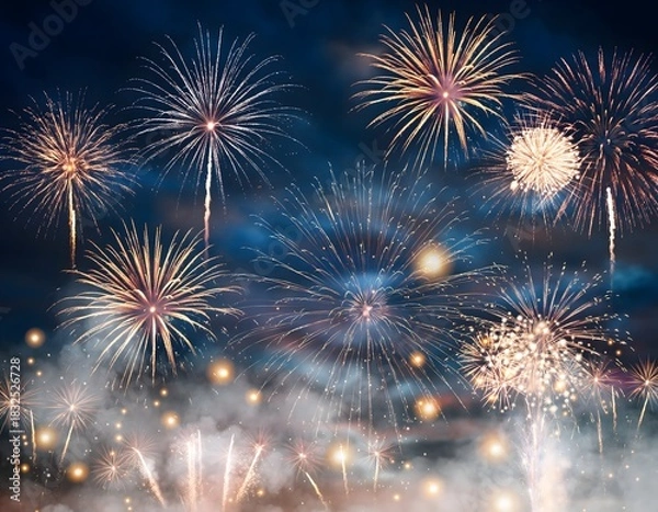 Obraz A stunning display of golden and blue fireworks lighting up the cloudy night sky for a festive celebration