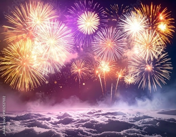 Obraz Magical celebratory fireworks burst in a vibrant spectacle over a dreamy cloudscape, creating a fantastic and festive night scene