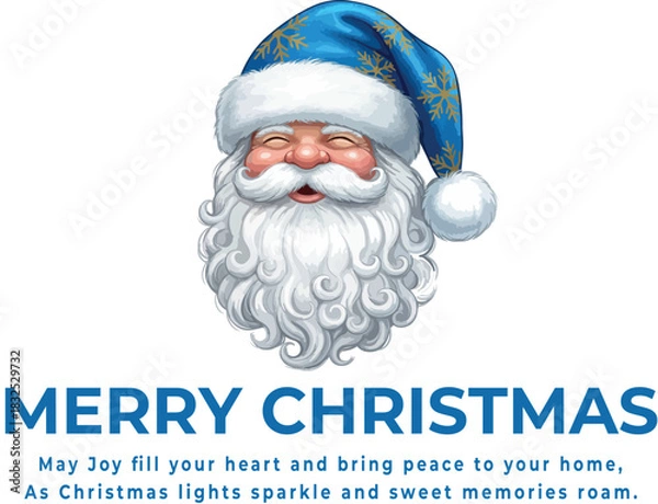 Obraz Christmas greeting logo vector with cheerful Santa Claus in blue hat with golden snowflakes and festive message