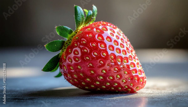 Fototapeta Close-up of a ripe, red strawberry with green leaves on a textured surface, illuminated by natural light.