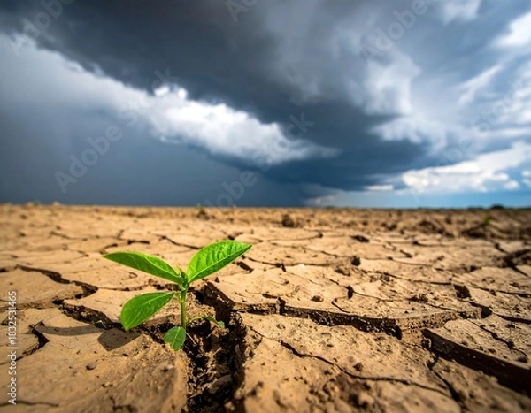 Obraz Small seedling pushes through dry earth under a dramatic stormy sky