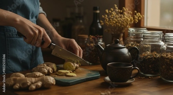 Obraz 窓から差し込む温かく柔らかな自然光が全体を包み込むキッチンで新鮮な生姜を丁寧にスライスする手元 心身を癒すヘルシーな自家製ドリンクを作る穏やかな時間. AI Generated