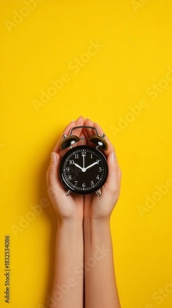 Fototapeta A pair of hands cupping a black alarm clock against a bright yellow background