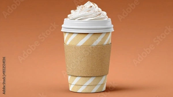Fototapeta A paper cup with coffee, whipped cream, and cinnamon on an orange background
