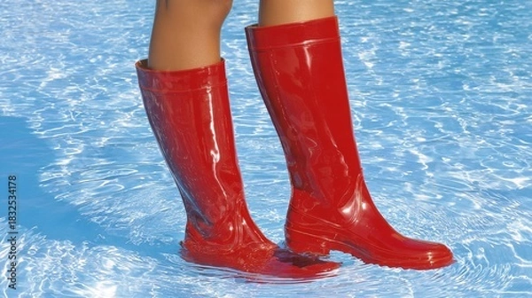 Fototapeta A pair of vibrant red wellington boots stand immersed in a blue, rippling pool