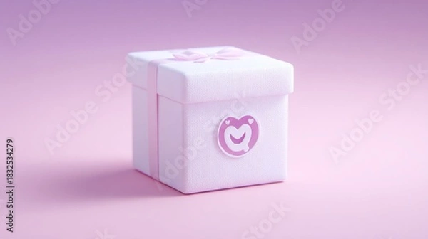 Fototapeta A pastel pink gift box with a bow and a small emblem on a soft pink background