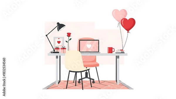Obraz Romantic Workspace Valentines Day Concept with Heart Balloons and Rose