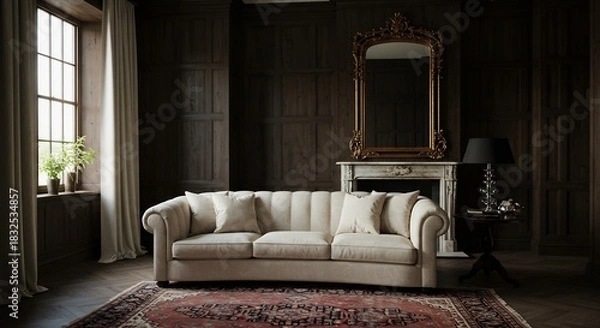 Obraz 明るい窓から差し込む柔らかな光がクラシックなベージュのソファを照らす温かく落ち着いた豪華なリビング空間. AI Generated
