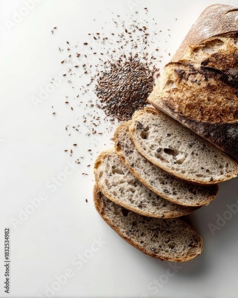 Fototapeta Artisan sourdough bread cross section with air pockets mixed grains poppy and flax seeds on white surface for bakery packaging healthy eating branding and food editorial

