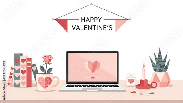 Obraz Valentine's Day Home Office Setup with Laptop and Decorations