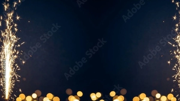 Fototapeta Sparkling Golden Sparklers and Soft Bokeh Lights on Dark Blue Background for Festive Celebrations and New Year's Eve Events