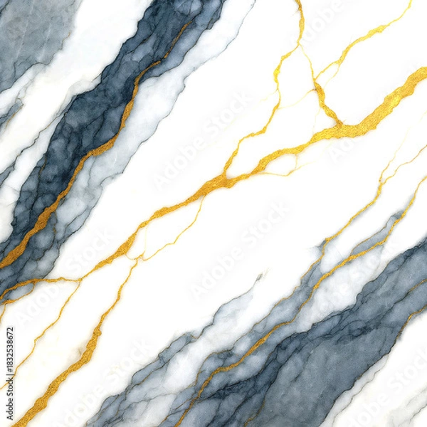 Fototapeta Luxurious white marble texture background with blue veins and gold cracks. Elegant natural stone surface for interior design, ceramic tile flooring, and decorative wallpaper.