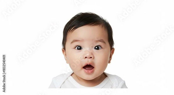 Obraz 澄んだ大きな瞳をきょとんと見開いて小さな口を可愛らしく開けた無邪気な赤ちゃんが何かに驚き好奇心いっぱいの表情を見せる明るい光が優しく降り注ぐ真っ白な背景の中で愛くるしい魅力を放つ. AI Generated