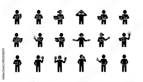 Fototapeta Collection of black stick figures interacting with technology and displaying various actions and gestures silhouette