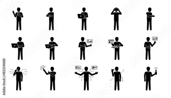 Fototapeta Black stick figures using technology devices like phones laptops and vr headsets on a white background silhouette