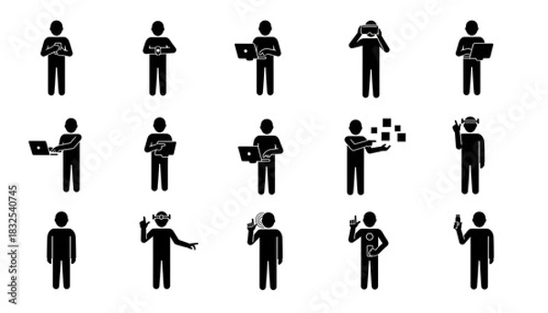 Fototapeta Collection of stick figures interacting with technology like laptops phones and virtual reality gear silhouette