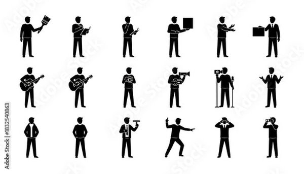 Fototapeta Collection of various black silhouette icons depicting people engaged in different activities and professions