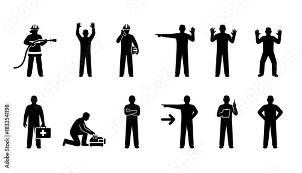 Fototapeta Collection of silhouette icons depicting various professions and actions in a vector graphic style
