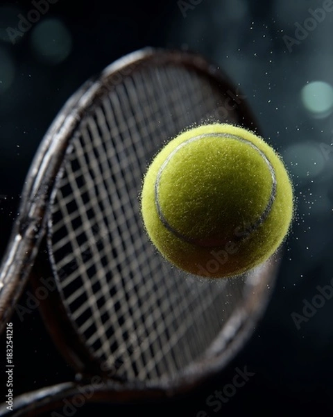 Fototapeta Close up of a tennis racket hitting a fuzzy yellow tennis ball in motion