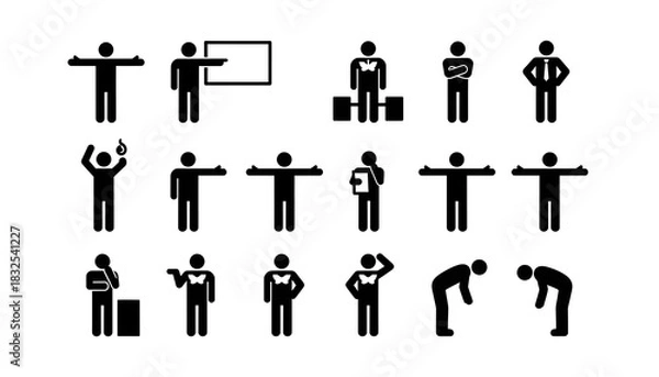 Fototapeta Collection of stick figures depicting various actions and poses on a white background simple and clean silhouette