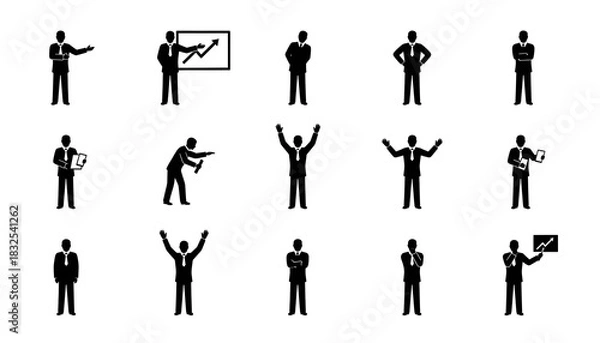 Fototapeta Collection of business people in various poses and actions in silhouette against a white background