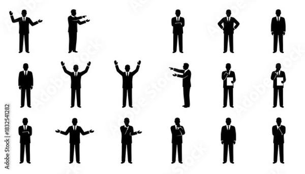 Fototapeta A collection of black silhouette businessman figures in various poses on a white background image view