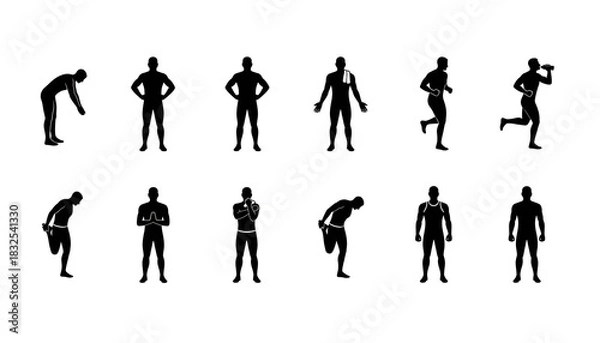Fototapeta Silhouette illustrations of men in various poses doing exercises and fitness activities on a white background
