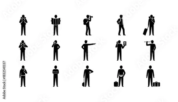 Fototapeta Illustration of various black silhouette stick figures engaged in different travel related activities