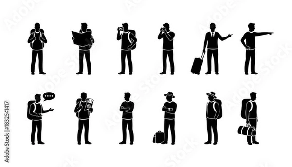 Fototapeta Silhouettes of travelers and tourists in various poses and activities on a plain white background design