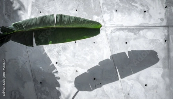 Fototapeta Close-up of a vibrant green banana leaf, casting a shadow on a textured concrete wall