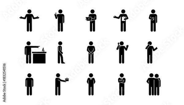 Fototapeta Collection of stick figure people in various poses and actions on a white background in a flat design silhouette