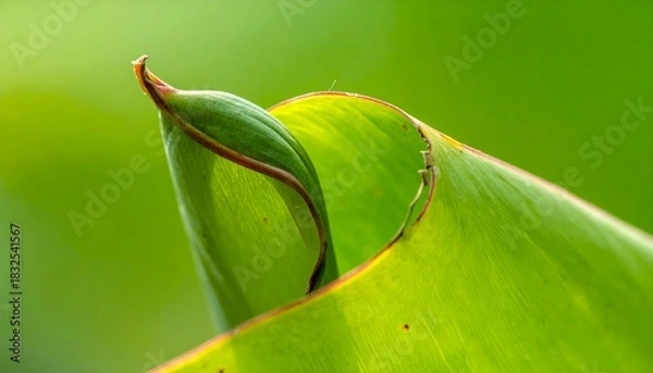 Fototapeta Close-up of unfurling vibrant green leaf with reddish edges against blurred foliage