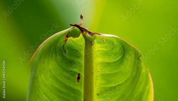 Fototapeta Close-up of a curled green leaf with intricate patterns, illuminated by sunlight
