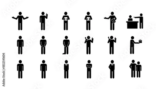 Fototapeta Illustration of various black stick figures in different poses and actions on a white background silhouette