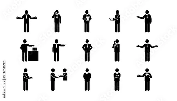 Fototapeta Illustration of stick figures in business attire performing various actions and holding office equipment silhouette