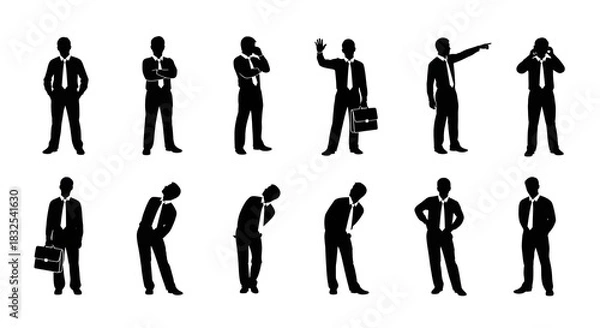 Fototapeta Silhouettes of businessmen in various poses against a white background in a vector style design