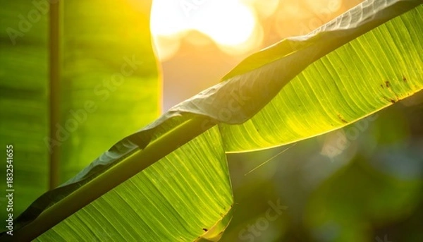 Fototapeta Sunlight filters through vibrant green banana leaves, creating a glowing bokeh effect
