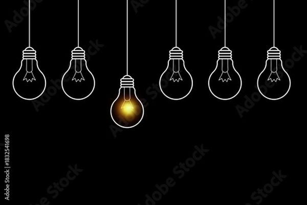 Obraz Concept of idea with light bulb on dark background. One glowing light bulb among others on black background. An illuminated light bulb represents a new idea or concept, with other bulbs