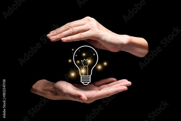 Obraz New idea with light bulb concept on black background. A light bulb held by hands. Illuminated bulb represents of inspiration, solution, and creativity 