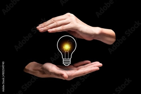 Obraz Creative idea with light bulb concept on black background. A light bulb held by hands. Illuminated bulb represents of new idea, solution, and inspiration 