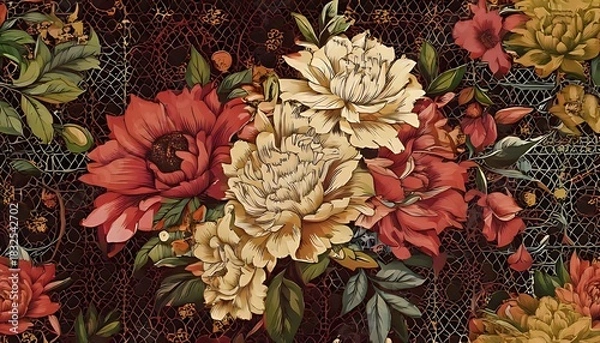 Fototapeta A vibrant floral arrangement featuring lush blooms in shades of red, cream, and yellow against a dark, textured background