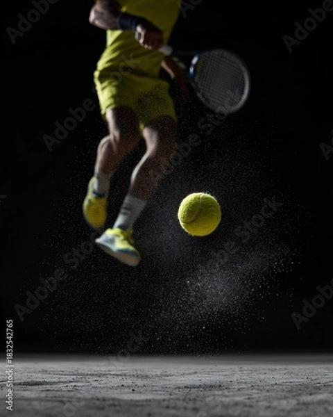 Fototapeta Tennis player jumping to hit ball with dramatic lighting and motion blur
